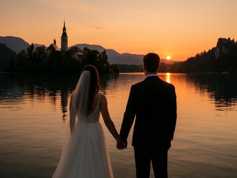 Romantisches Paar am Bleder See, Slowenien, umgeben von Natur