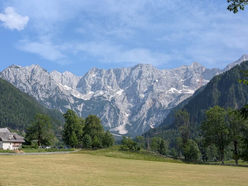 Blick auf Sloweniens grüne Landschaft, Berge und Wälder bei Sonnenlicht