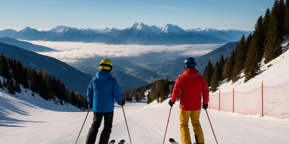 Panorama des Krvavec-Skigebiets in Slowenien im Winter, zu sehen sind verschneite Berge und Skipisten