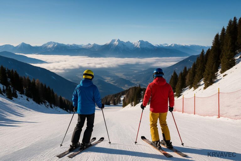 Panorama des Krvavec-Skigebiets in Slowenien im Winter, zu sehen sind verschneite Berge und Skipisten