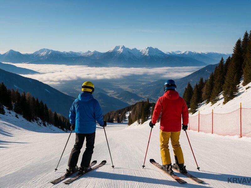 Panorama des Krvavec-Skigebiets in Slowenien im Winter, zu sehen sind verschneite Berge und Skipisten