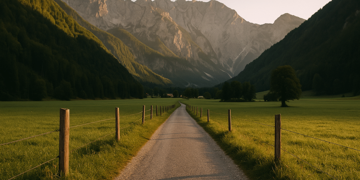 Blick auf das Logartal mit Almhütten, saftig grünen Wiesen und den Alpen im Hintergrund