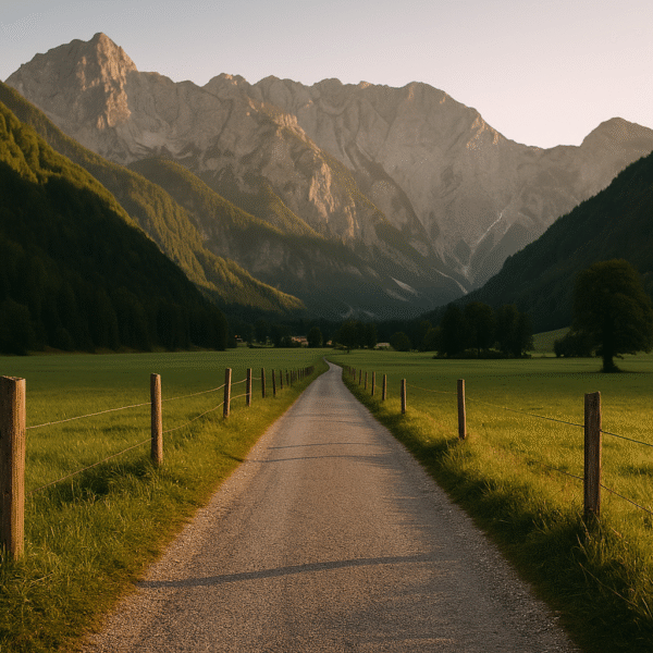 Blick auf das Logartal mit Almhütten, saftig grünen Wiesen und den Alpen im Hintergrund