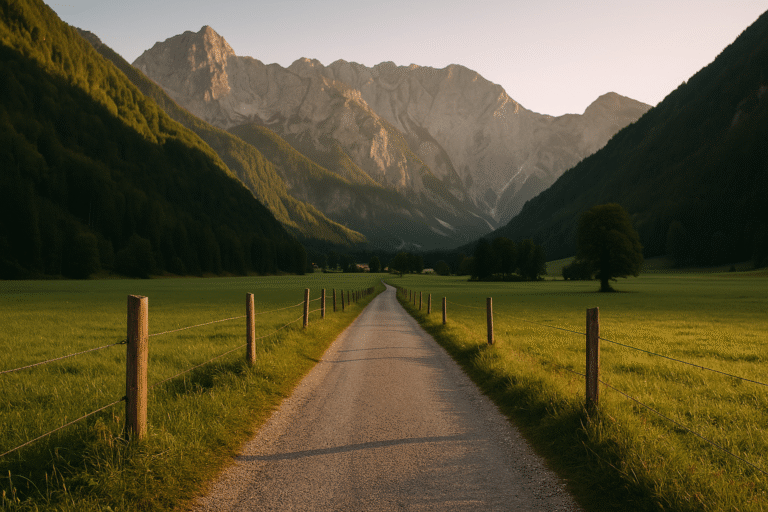 Blick auf das Logartal mit Almhütten, saftig grünen Wiesen und den Alpen im Hintergrund