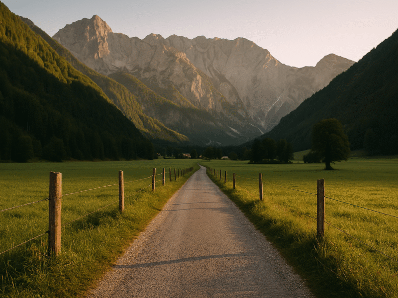 Blick auf das Logartal mit Almhütten, saftig grünen Wiesen und den Alpen im Hintergrund