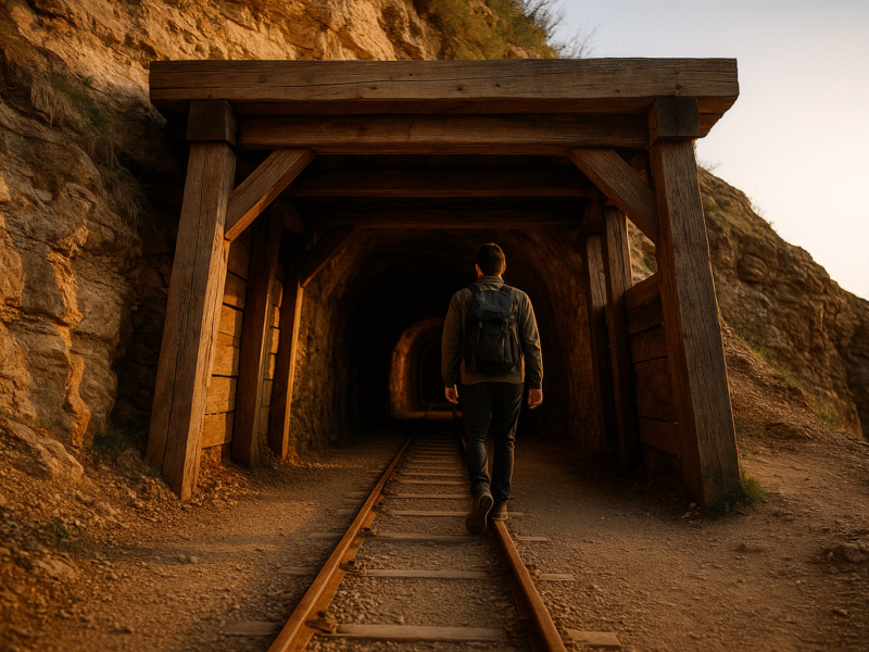 St.-Anna-Mine: Eingang und Führungsgruppe in slowenischer Landschaft, mit Bergkulisse.