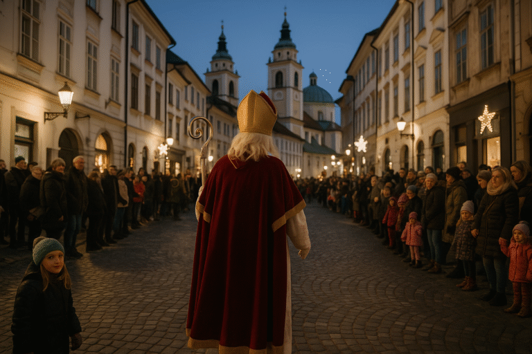 Miklavž-Feier mit Engeln und Parklji-Teufeln, traditionelles Nikolaus-Brauchtum in Slowenien